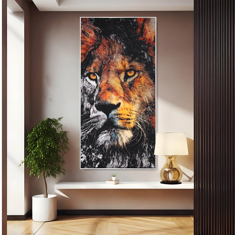 Tablou canvas cu tablou canvas cu leu stilizat, in rama de aluminiu argintiu